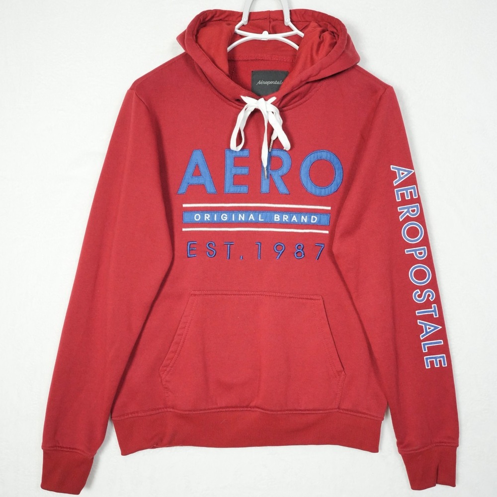 Y2K Aeropostale Hoodie Men's Large Red Full Zip Embroidered Spell Out Sweatshirt